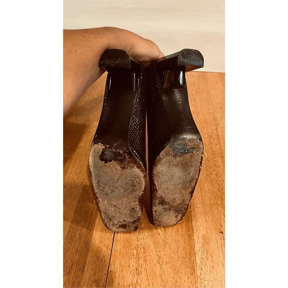 Stuart Weitzman Black Leather Snakeskin Embossed Leather Square Toes Block Heels
